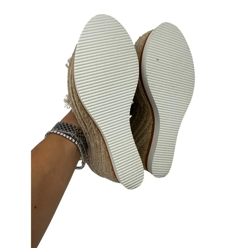 See by Chloé Glyn Leather Canvas Espadrille Wedge Sandals Tan Ivory Women's EU36